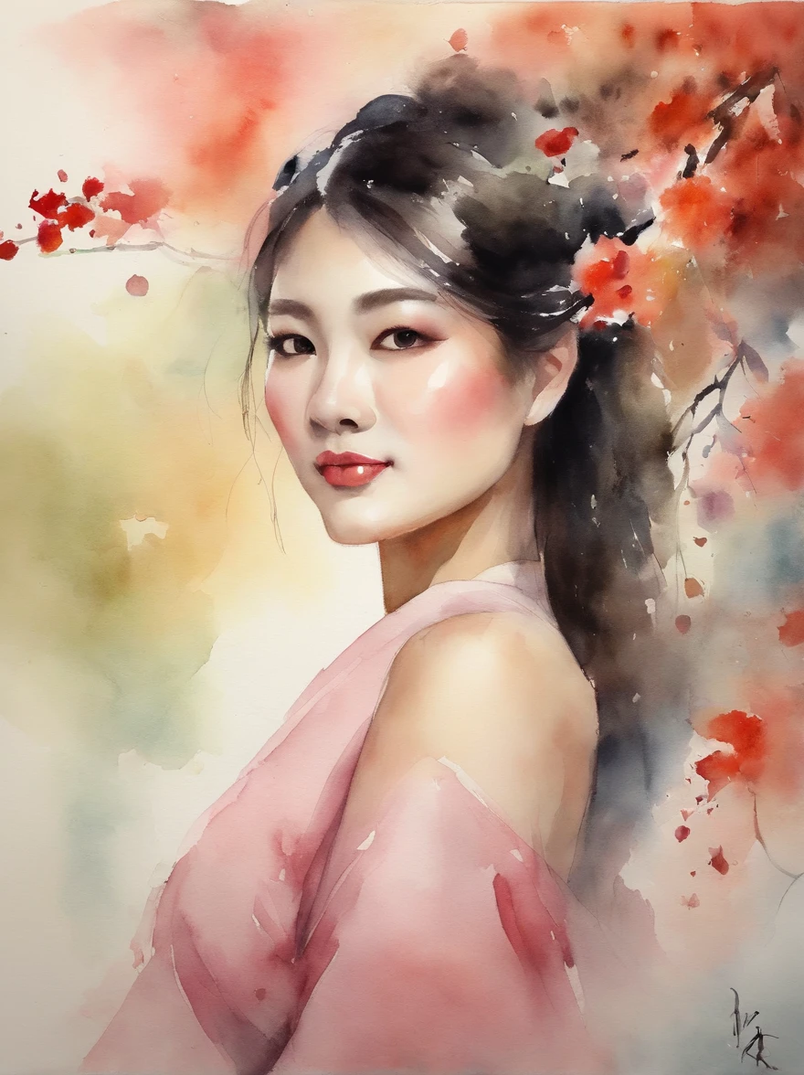 Watercolor painting of a Very Beautiful Japanese girl : : Trending on Artstation: : Simple composition creates a sense of order and harmony. The painting reflects the spiritual qualities of the natural world. --up light --ar 9:16