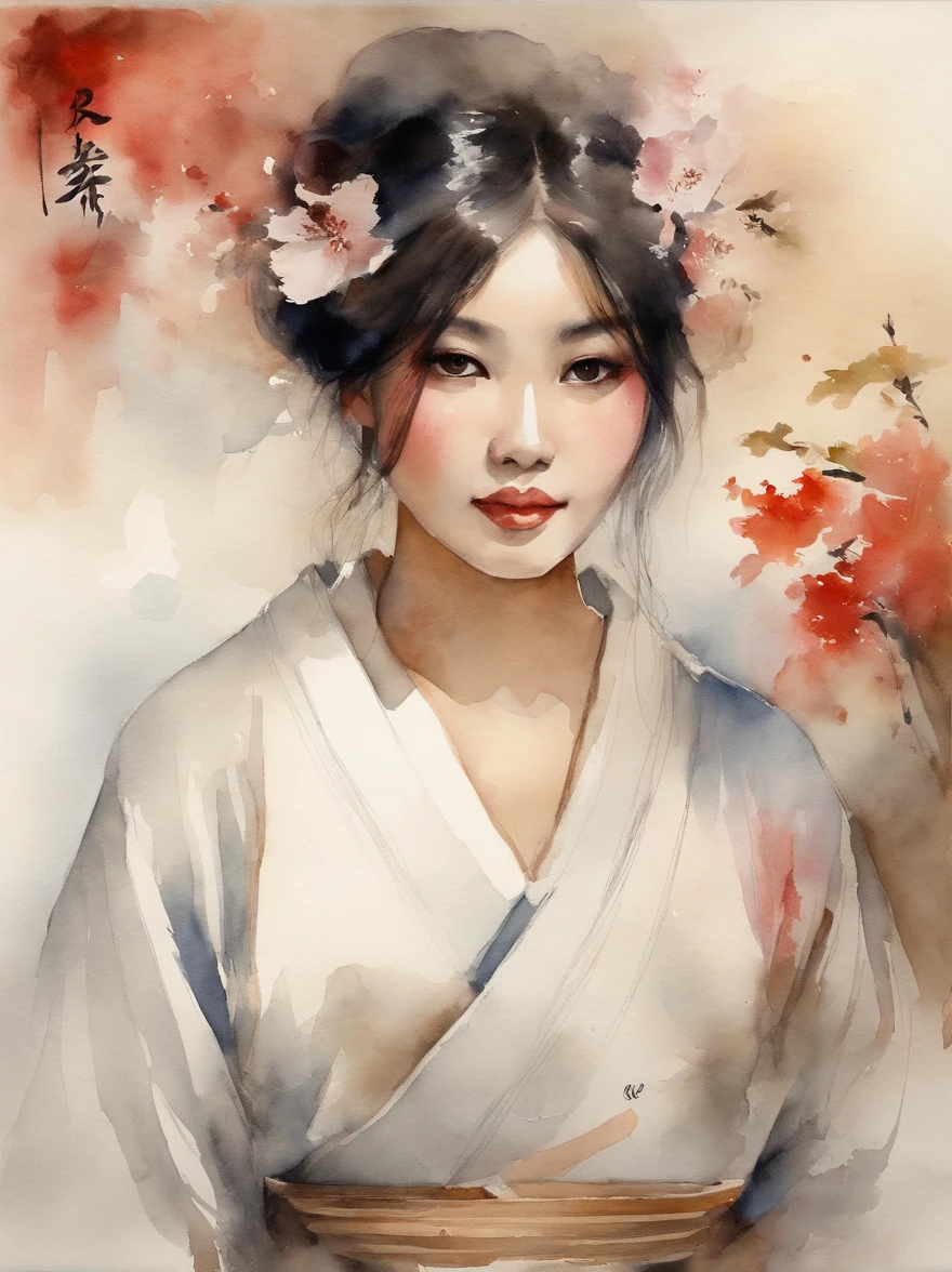 Watercolor painting of a Very Beautiful Japanese girl : : Trending on Artstation: : Simple composition creates a sense of order and harmony. The painting reflects the spiritual qualities of the natural world. --up light --ar 9:16
