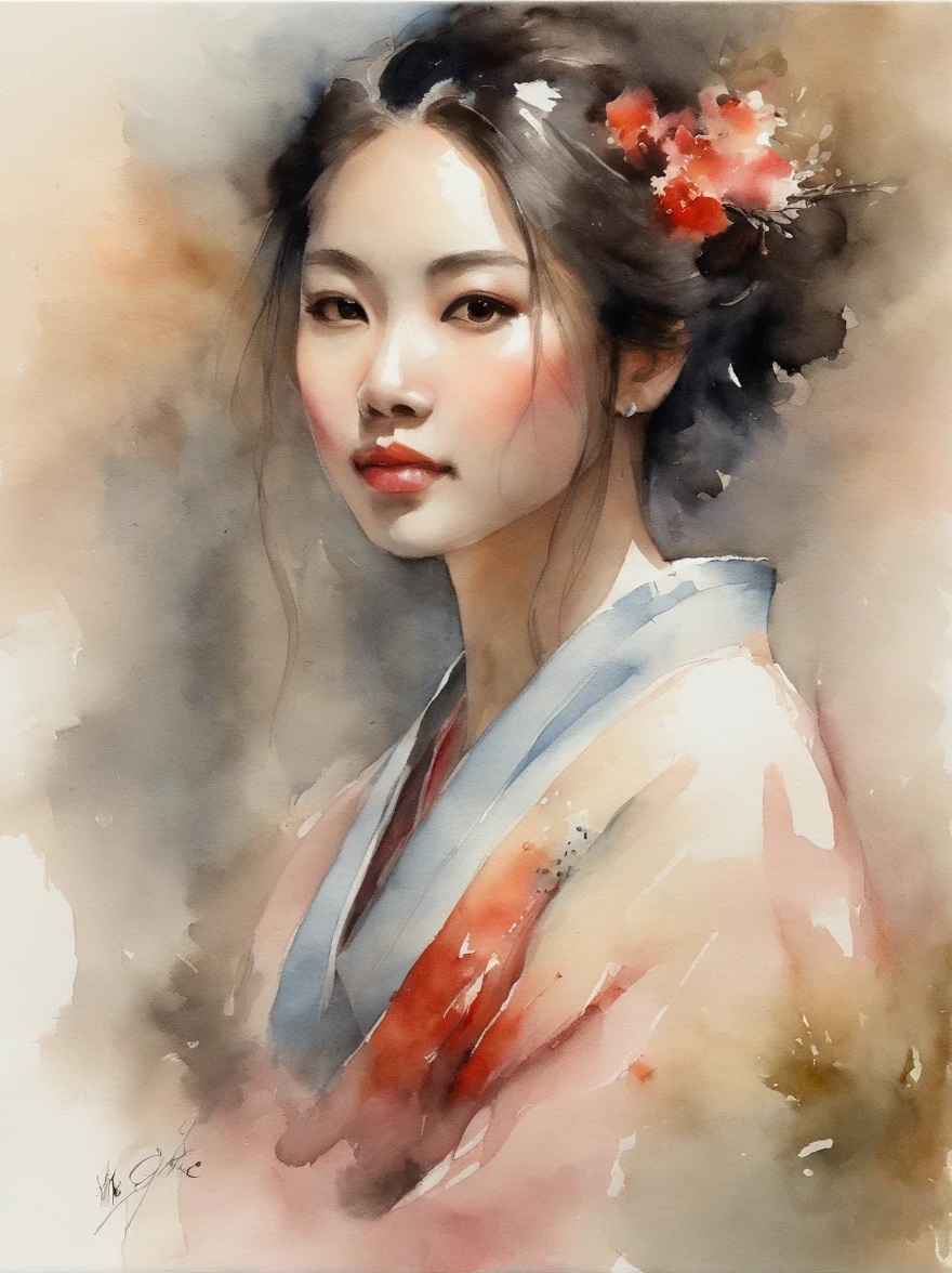masterpiece,Acrylic watercolor painting of a Japanese woman,(Beautiful gradation created by layering),(Tarashikomi technique)