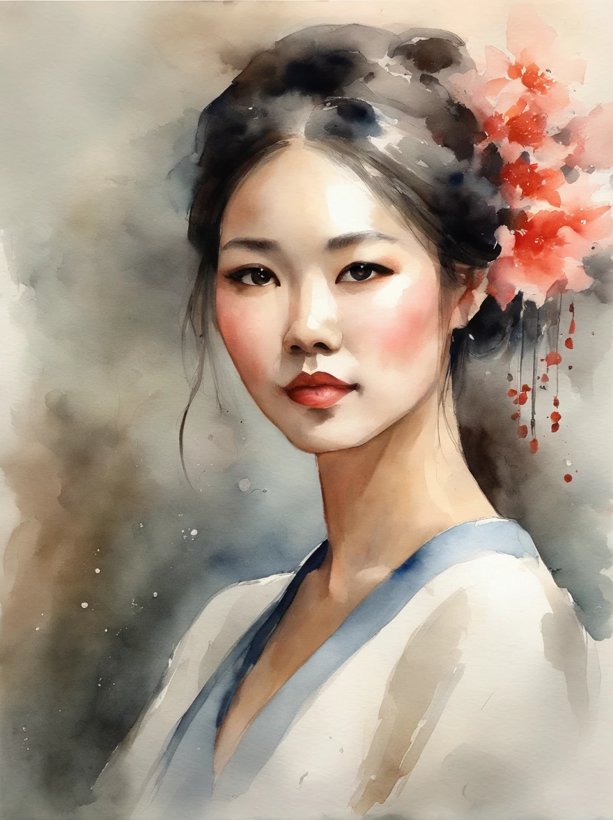 Watercolor painting of a Very Beautiful Japanese girl : : Trending on Artstation: : Simple composition creates a sense of order and harmony. The painting reflects the spiritual qualities of the natural world. --up light --ar 9:16