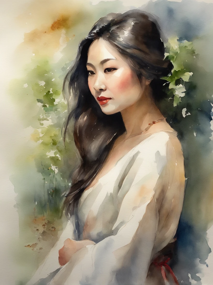 Watercolor painting of a Very Beautiful Japanese girl : : Trending on Artstation: : Simple composition creates a sense of order and harmony. The painting reflects the spiritual qualities of the natural world. --up light --ar 9:16