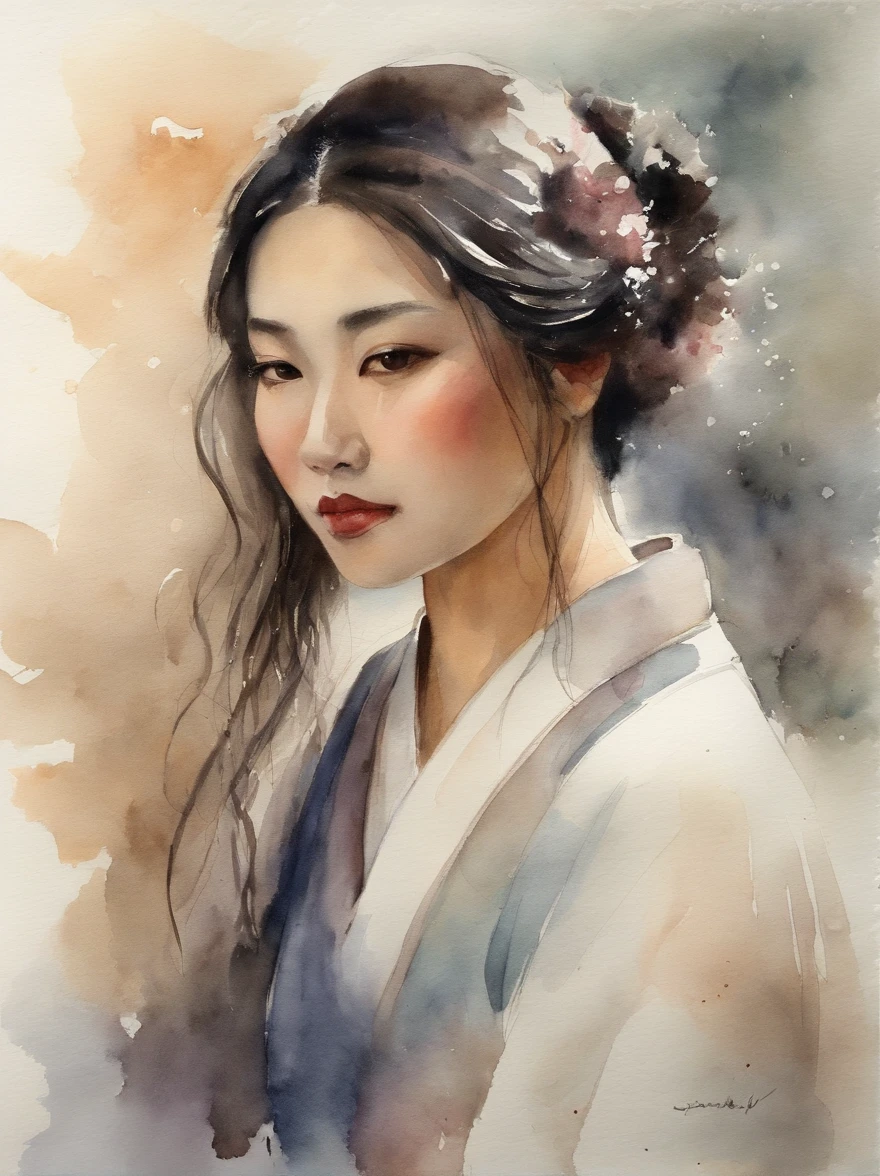 Watercolor painting of a Very Beautiful Japanese girl : : Trending on Artstation: : Simple composition creates a sense of order and harmony. The painting reflects the spiritual qualities of the natural world. --up light --ar 9:16