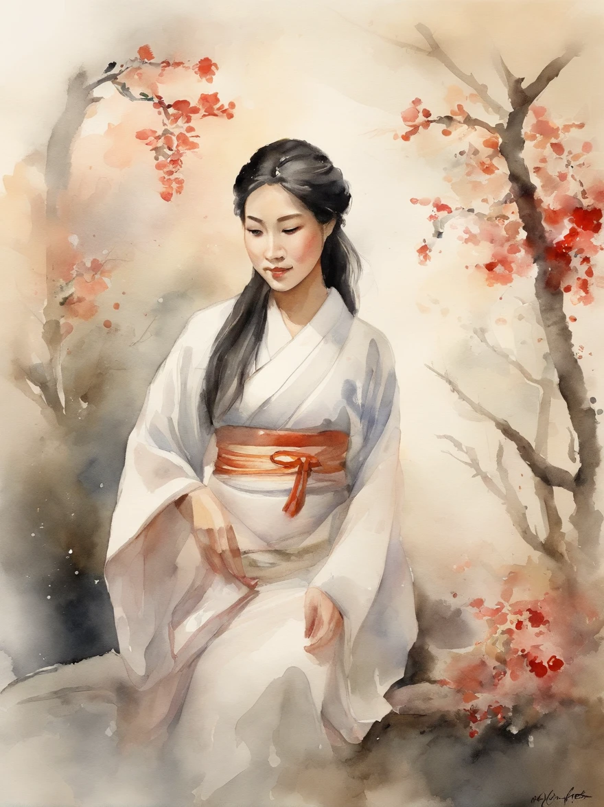 Watercolor painting of a Very Beautiful Japanese girl : : Trending on Artstation: : Simple composition creates a sense of order and harmony. The painting reflects the spiritual qualities of the natural world. --up light --ar 9:16