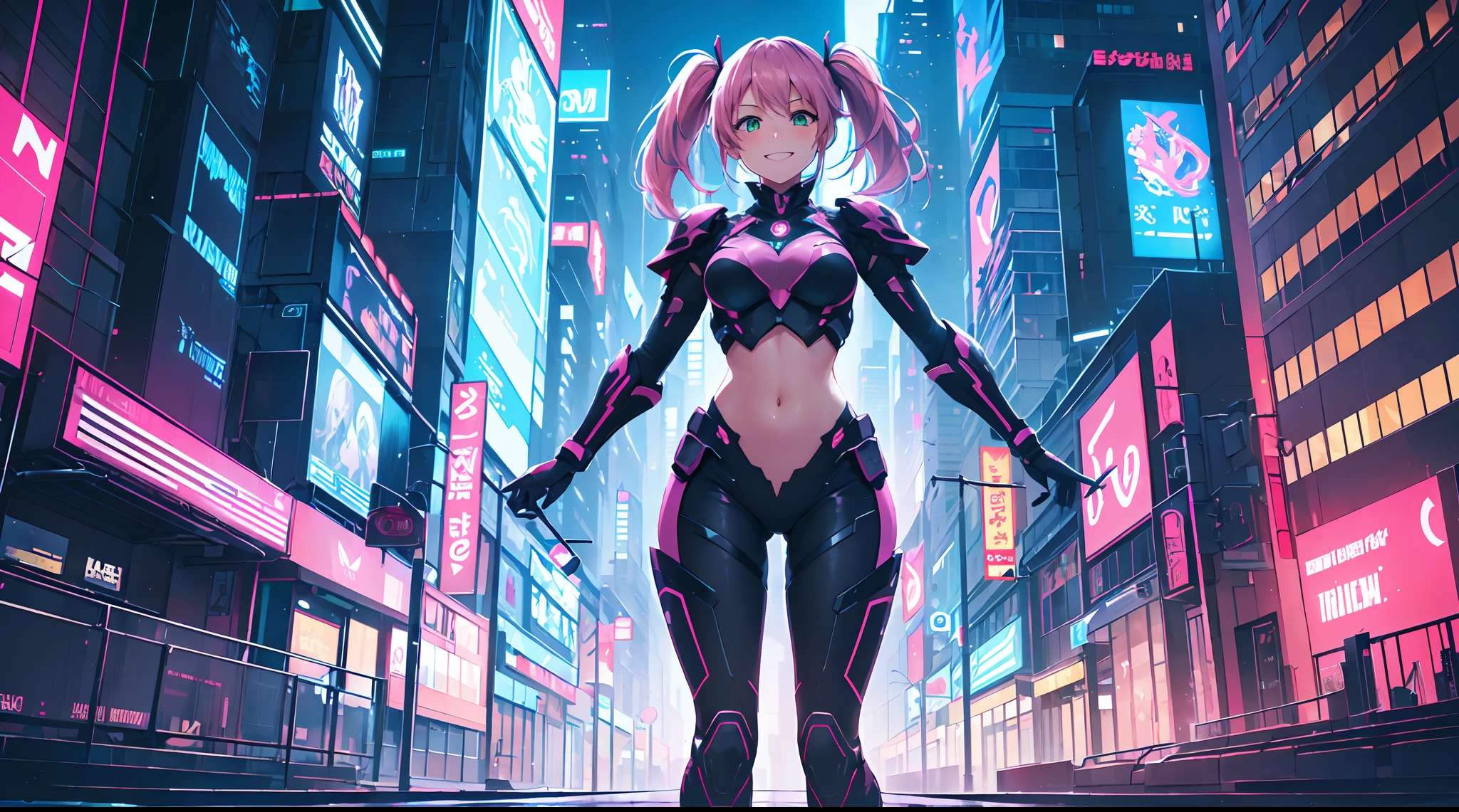 Craft an 8k illustration of a robot girl with short, detailed eyes, spiky neon-pink hair and digital magenta eyes. she wears futuristic battle armor with sharp edges and a vibrant array of shifting neon lights. the background is a dystopian cityscape at dusk, with neon signs flickering in the twilight and the silhouette of a sprawling metropolis outlined against the fading light, large breasts