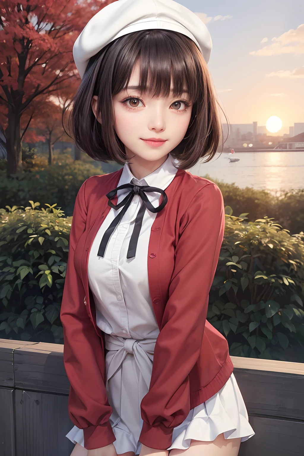(masutepiece, top-quality),1girl in, 独奏, Black lustrous hair, scarf, Hats, realisitic, looking at the viewers, black eyes of light color, shorth hair, coat, Winter clothes, White headscarf, s lips, lipgloss,bangss,, a closed mouth, The upper part of the body、big eye、Lashes、((Street))、((Shorthair with bangs、big eye、Put very strong highlights in your students、very Bigger breasts、gazing at viewer、Very beautiful beauty、Put all your ears out、long neck、little smiling、Close your mouth and smile、Look firmly at the camera)))、