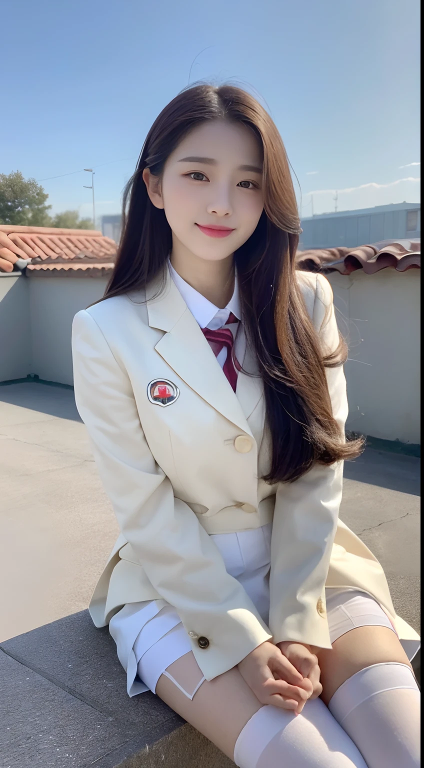 (1 Korean star with royal sister style), ((Best quality, 8K, Masterpiece: 1.3)), Focus: 1.2, Perfect body beauty: 1.4, (Make a smile), (Blue sky and white clouds 1.3),lawns,Half-seated eyes watery, Highly detailed face and skin texture, Fine eyes, Double eyelids, Whitens the skin, (Long hair, Air bangs: 1.3), (face round: 1.5), (JK school uniform: 1.4), (Standing on the roof: 1.6),(white stockings: 1.4),(film grain style:1.3),a sense of atmosphere