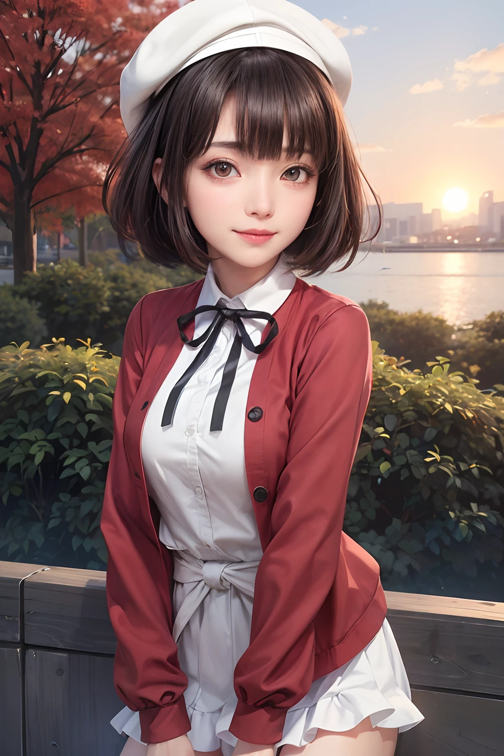 (masutepiece, top-quality),1girl in, 独奏, Black lustrous hair, scarf, Hats, realisitic, looking at the viewers, black eyes of light color, shorth hair, coat, Winter clothes, White headscarf, s lips, lipgloss,bangss,, a closed mouth, The upper part of the body、big eye、Lashes、((Street))、((Shorthair with bangs、big eye、Put very strong highlights in your students、very Bigger breasts、gazing at viewer、Very beautiful beauty、Put all your ears out、long neck、little smiling、Close your mouth and smile、Look firmly at the camera)))、