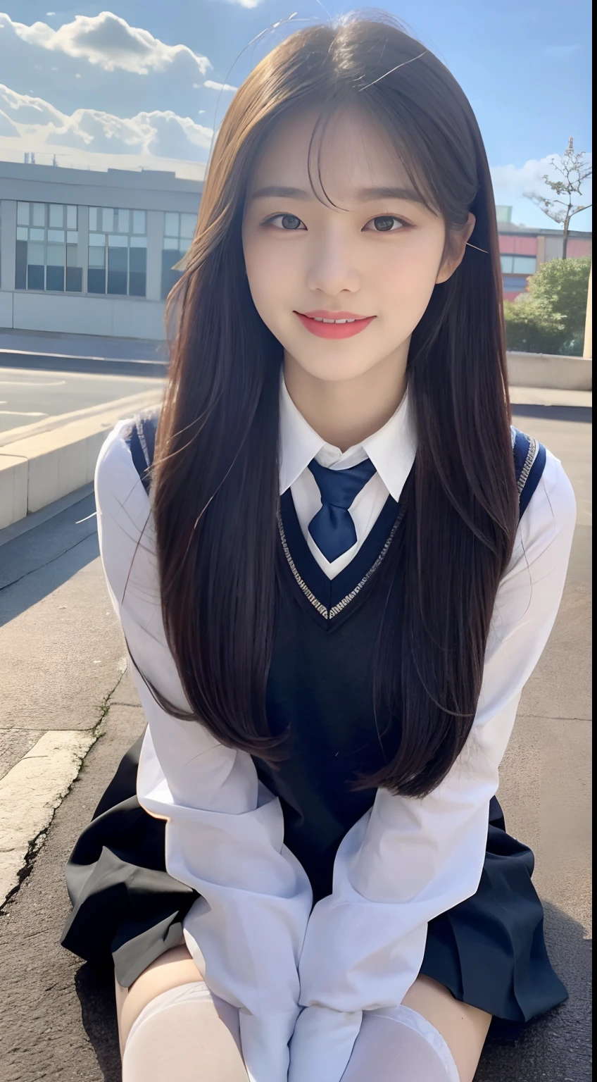 (1 Korean star with royal sister style), ((Best quality, 8K, 巨作: 1.3)), focal point: 1.2, Perfect body proportions: 1.4, (Make a smile),  （Ray traching）,Watery eyes, Highly Detailed Face and Skin Textur, Fine eyes, Double eyelids, Whitens the skin, (Black long straight: 1.3), (face round: 1.5), (JK school uniform: 1.4), (Lace view: 1.6),(Black over-the-knee stockings: 1.4),(JK style:1.4),(Extremely perfect legs)
