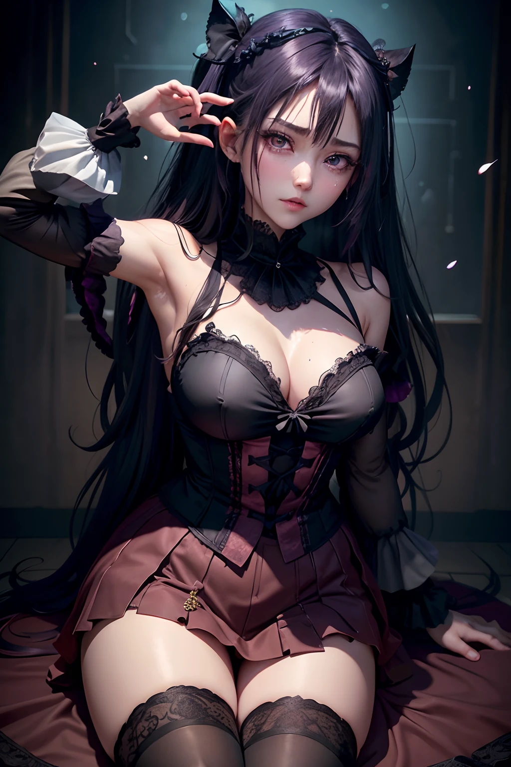A sexy、A slight smil、garterbelts、knee high socks、panthyhose、Beautifying the world、Unhappy、Lament my night's fantasy、Transcendent beauty、Beautiful shape、wretched、ghosts、wraiths、Evil Spirit、Beautiful、boredom、Unusual beauty、Bewitching、Fornication、Hard Dark Gothic Makeup、Maniacal、Deep night sky、horor、twin-tail hair、Black Dark Eyeshadow、slaves、crying how bright、mourn、Sad songs、Good skin luster、Lace pink、Long hair straight hair、Dark Gothic Makeup、Dark smile、Restless Palace、Expressions of sexual arousal、Fragrant beauty、18year old、carriage、Lying、seductiv、 Strong sexual pleasure facial expressions、A look of shame、open one's legs、Dark Gothic、Gothic ta、Dark purple hair、Masturbation、bell sleeves、Wizard Sleeve、Obscene look、Stained glass background、masterpiece、best quality、ultra-detailed、Refers to 5 books、Glitter of sweat on the chest、Glitter of sweat on the face、Glitter of sweat on the thighs、Expressions of sexual pleasure in anguish、sweating profusely、Drunken face、maid clothes、Gothic Long Dress、Black ruffled skirt、