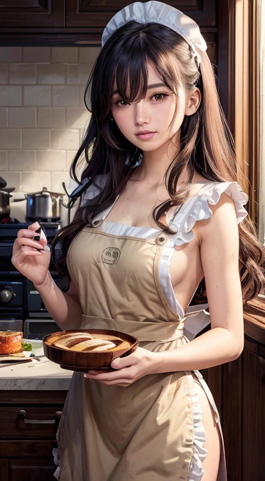 (best quality,highres,masterpiece:1.2),ultra-detailed,realistic,shoulder length dishevelled wavy hair,beautiful detailed eyes,beautiful detailed lips,extremely detailed eyes and face,longeyelashes,(1girl),preparing breakfast in a cozy kitchen,((wearing nothing else but a loose fitting apron)), ((no other clothing))
porcelain tableware,steaming cup of coffee,freshly baked bread,exquisite food presentation,flooded with natural light,soft morning glow,colorful fruits on the counter,detailed texture on the wooden kitchen cabinets,laid-back atmosphere,peaceful ambience