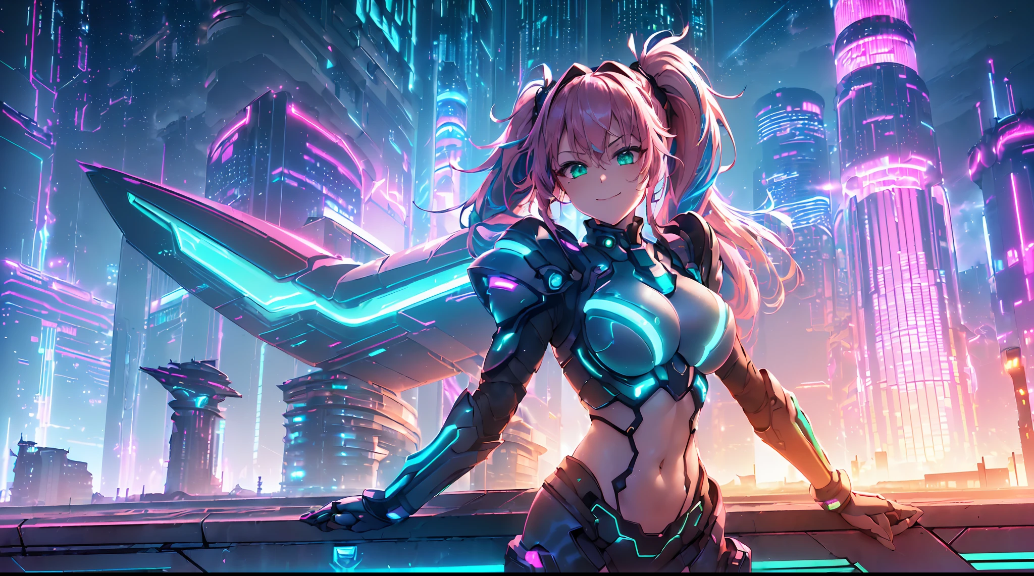 masterpiece, 1girl ((20year old, futuristic armor exposes navel, medium breasts, multicolor pink hair, twin ponytails, green eyes, flirting, happy, big smile, looking towards camera, standing in the middle of a sci-fi futuristic urban street, neon lights and towering skyscrapers, futuristic and energetic atmosphere), ((nighttime)) ((low camera angle, ground view))