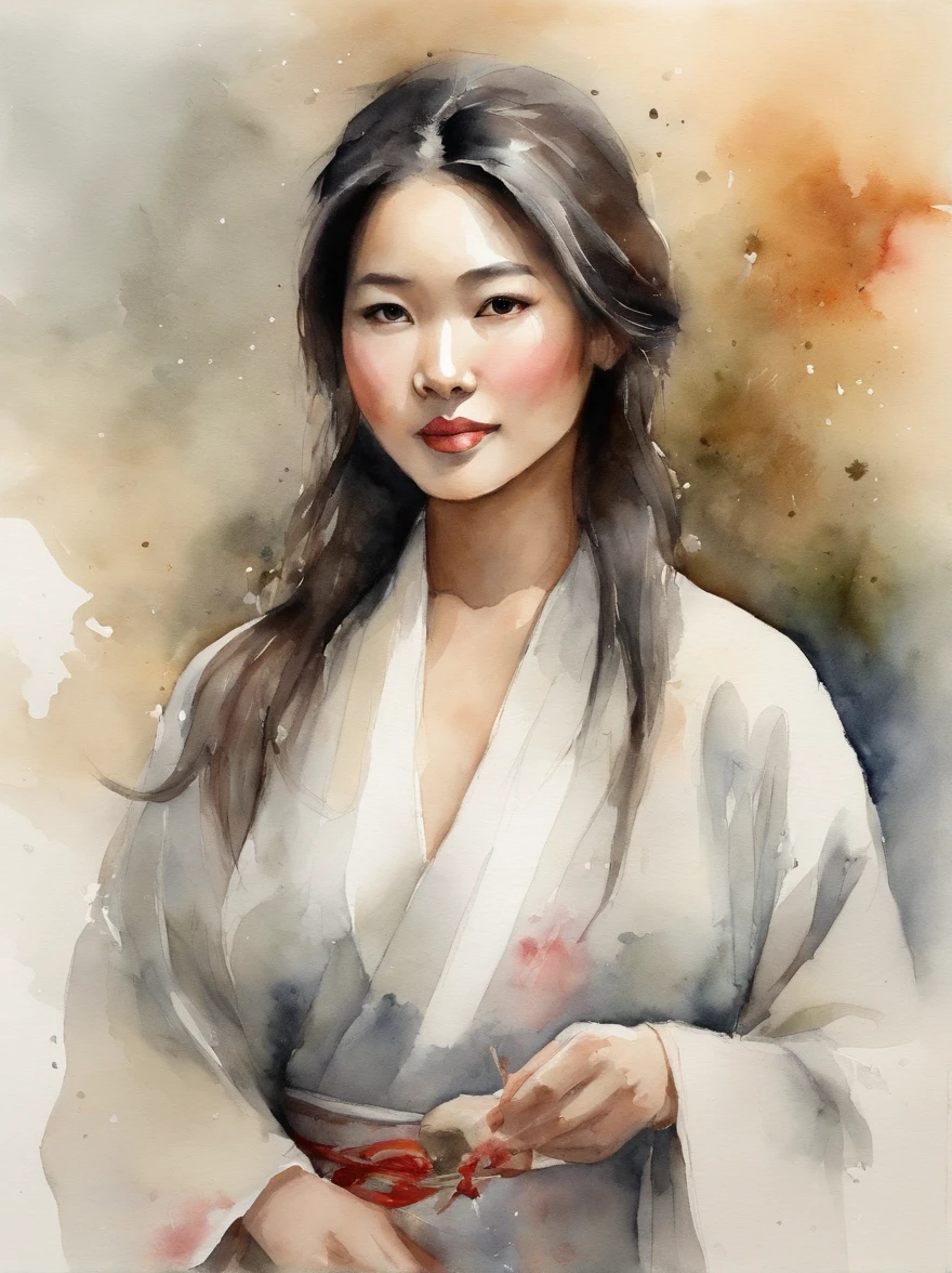 Watercolor painting of a Very Beautiful Japanese girl : : Trending on Artstation: : Simple composition creates a sense of order and harmony. The painting reflects the spiritual qualities of the natural world. --up light --ar 9:16