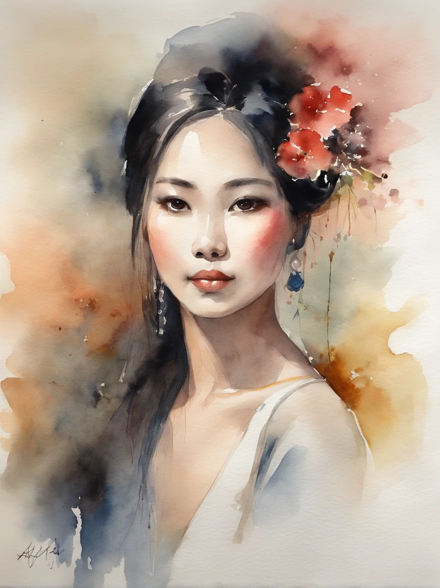 Watercolor painting of a Very Beautiful Japanese girl : : Trending on Artstation: : Simple composition creates a sense of order and harmony. The painting reflects the spiritual qualities of the natural world. --up light --ar 9:16