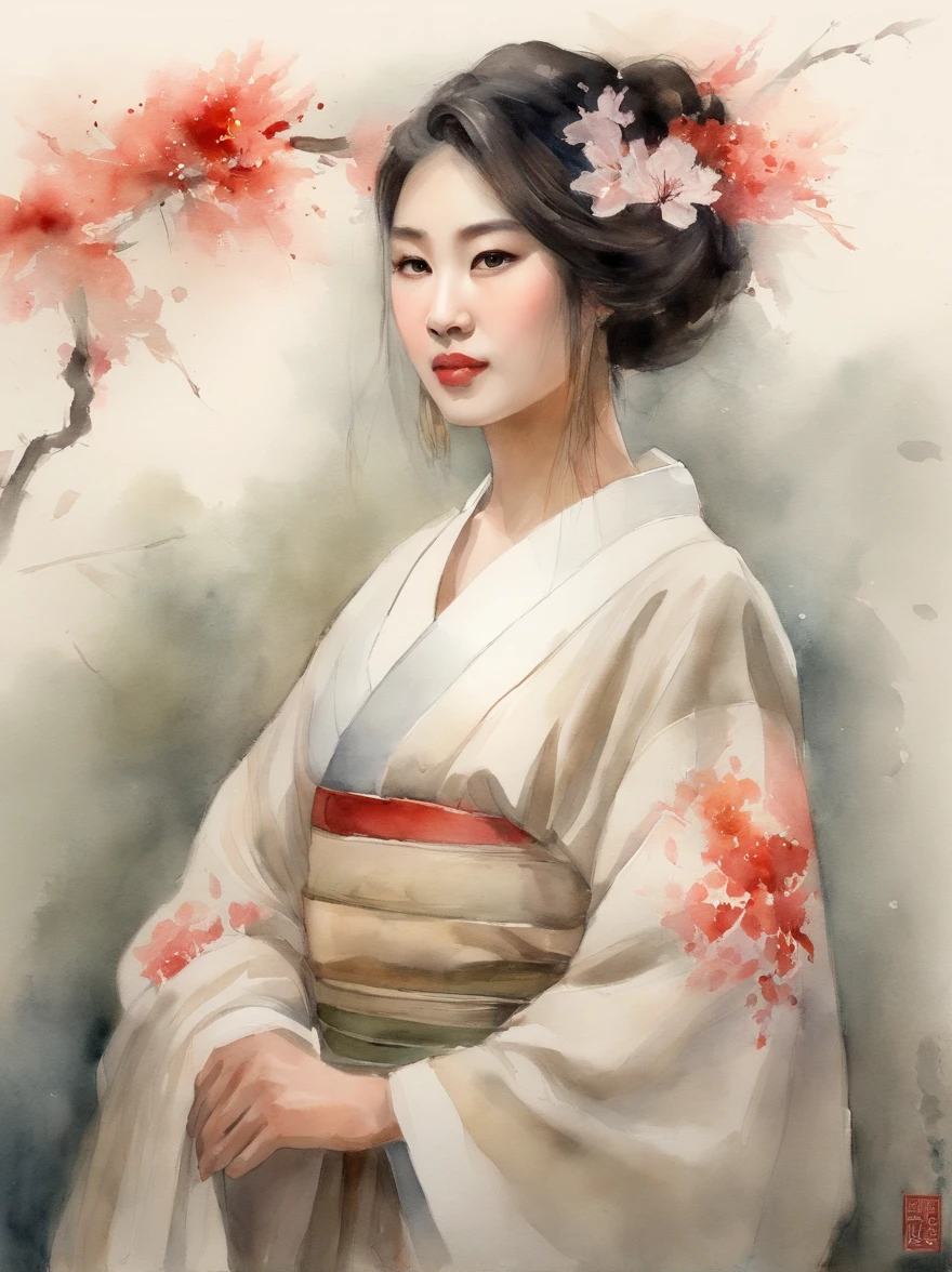 Watercolor painting of a Very Beautiful Japanese girl : : Trending on Artstation: : Simple composition creates a sense of order and harmony. The painting reflects the spiritual qualities of the natural world. --up light --ar 9:16