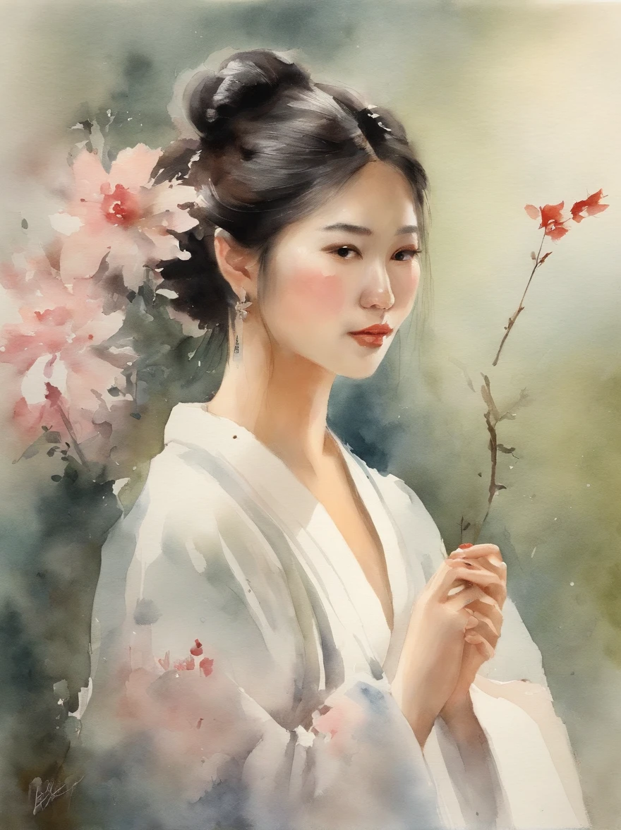 Watercolor painting of a Very Beautiful Japanese girl : : Trending on Artstation: : Simple composition creates a sense of order and harmony. The painting reflects the spiritual qualities of the natural world. --up light --ar 9:16