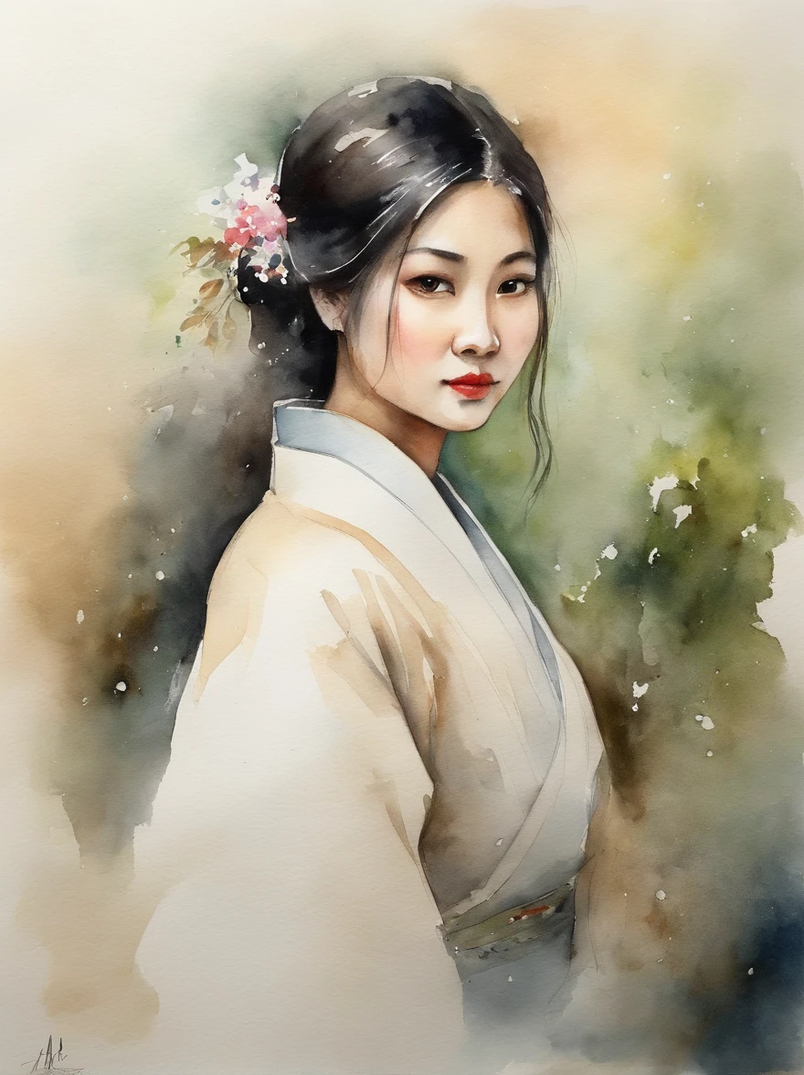 Watercolor painting of a Very Beautiful Japanese girl : : Trending on Artstation: : Simple composition creates a sense of order and harmony. The painting reflects the spiritual qualities of the natural world. --up light --ar 9:16