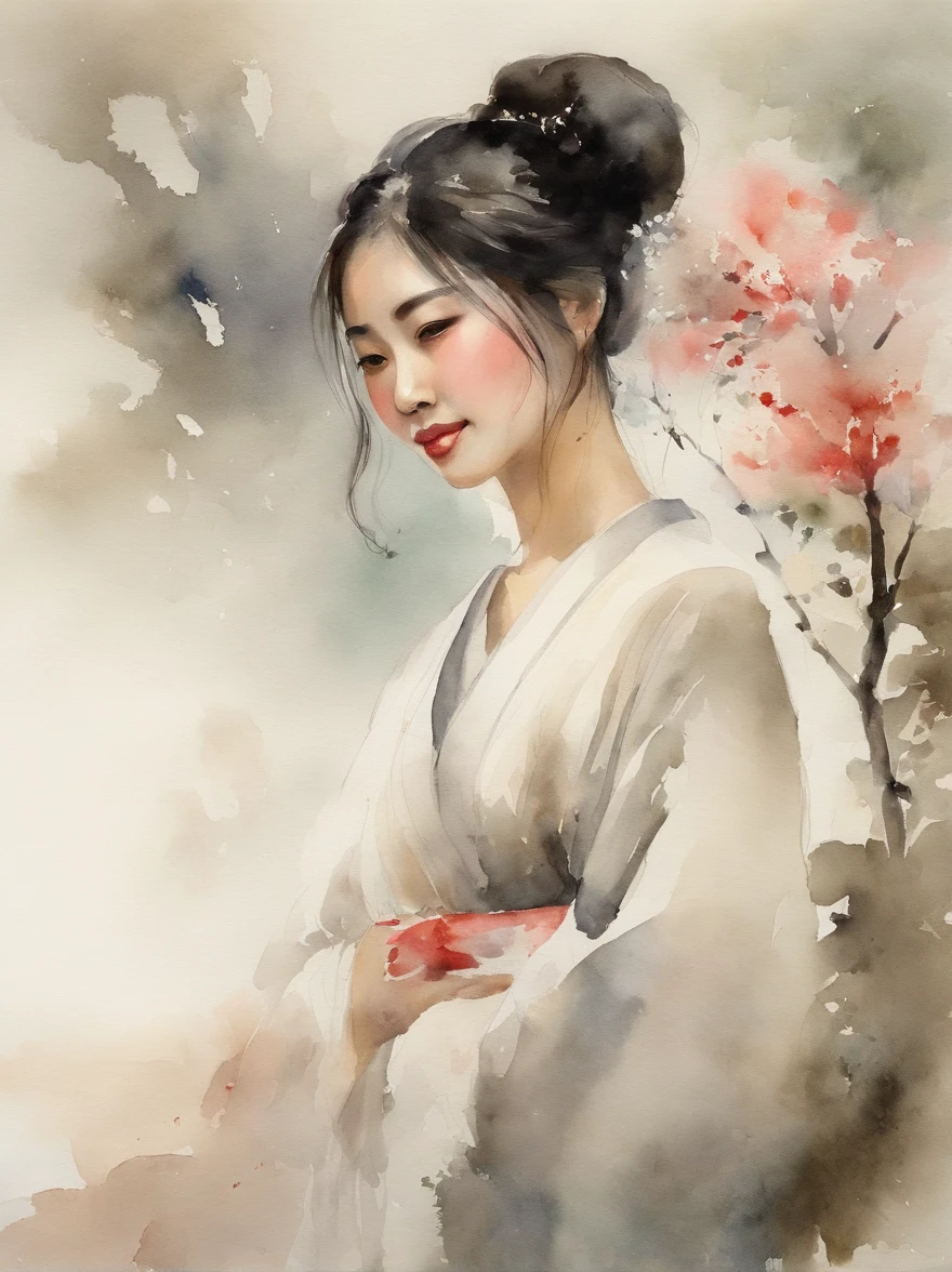 Watercolor painting of a Very Beautiful Japanese girl : : Trending on Artstation: : Simple composition creates a sense of order and harmony. The painting reflects the spiritual qualities of the natural world. --up light --ar 9:16