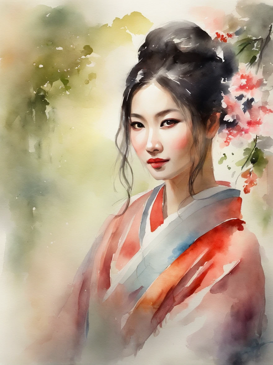 Watercolor painting of a Very Beautiful Japanese girl : : Trending on Artstation: : Simple composition creates a sense of order and harmony. The painting reflects the spiritual qualities of the natural world. --up light --ar 9:16
