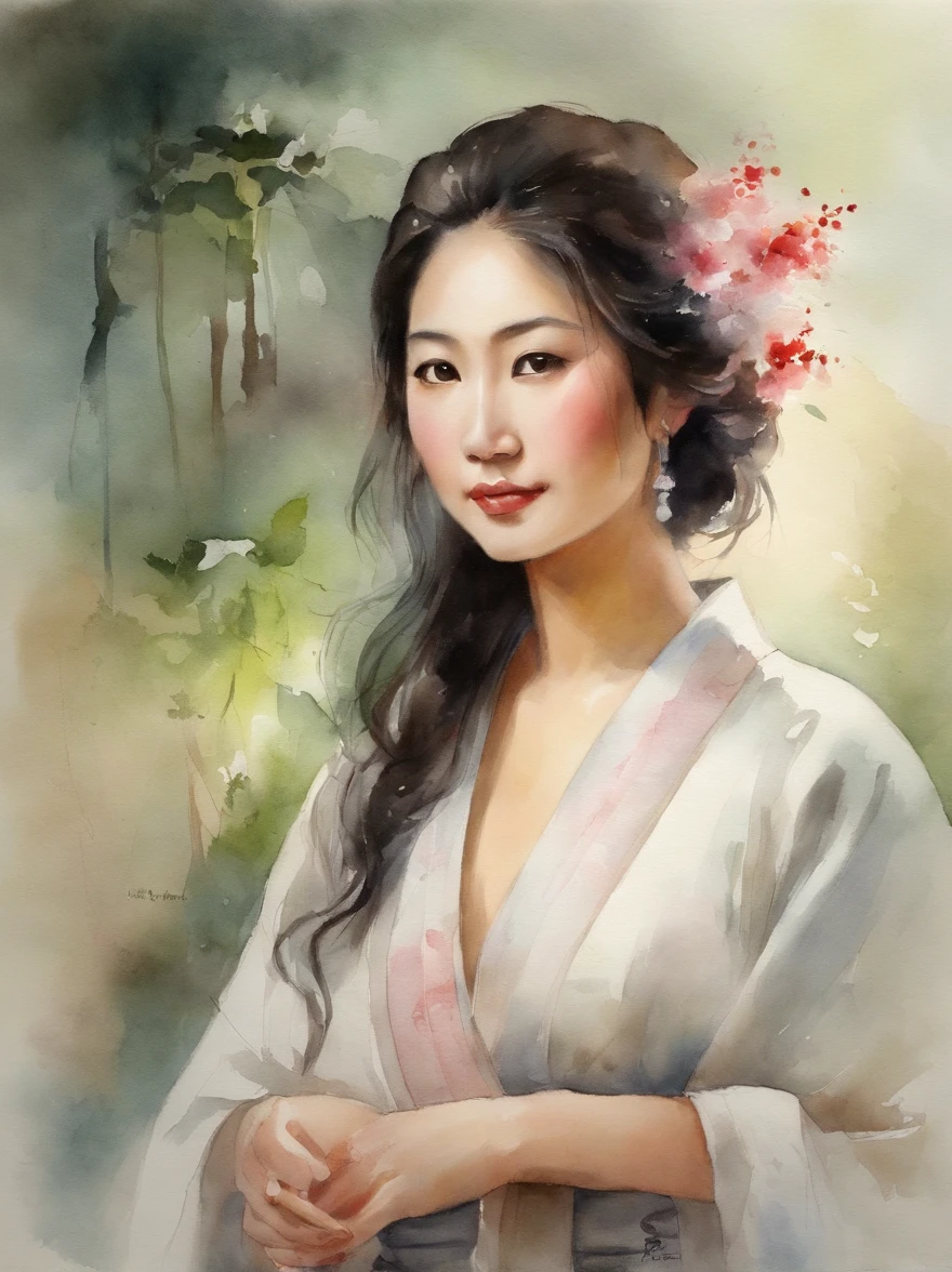 Watercolor painting of a Very Beautiful Japanese girl : : Trending on Artstation: : Simple composition creates a sense of order and harmony. The painting reflects the spiritual qualities of the natural world. --up light --ar 9:16