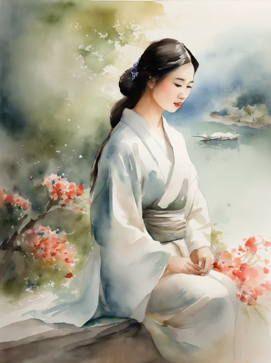 Watercolor painting of a Very Beautiful Japanese girl : : Trending on Artstation: : Simple composition creates a sense of order and harmony. The painting reflects the spiritual qualities of the natural world. --up light --ar 9:16