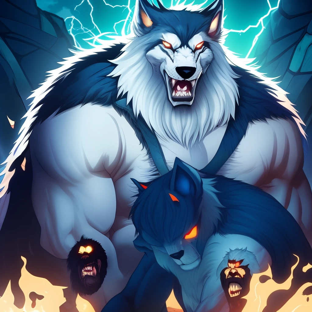 13 big buff bara werewolves surrounding a vampire man, slim, red eyes, white hair, blood in the mouth --auto --s2