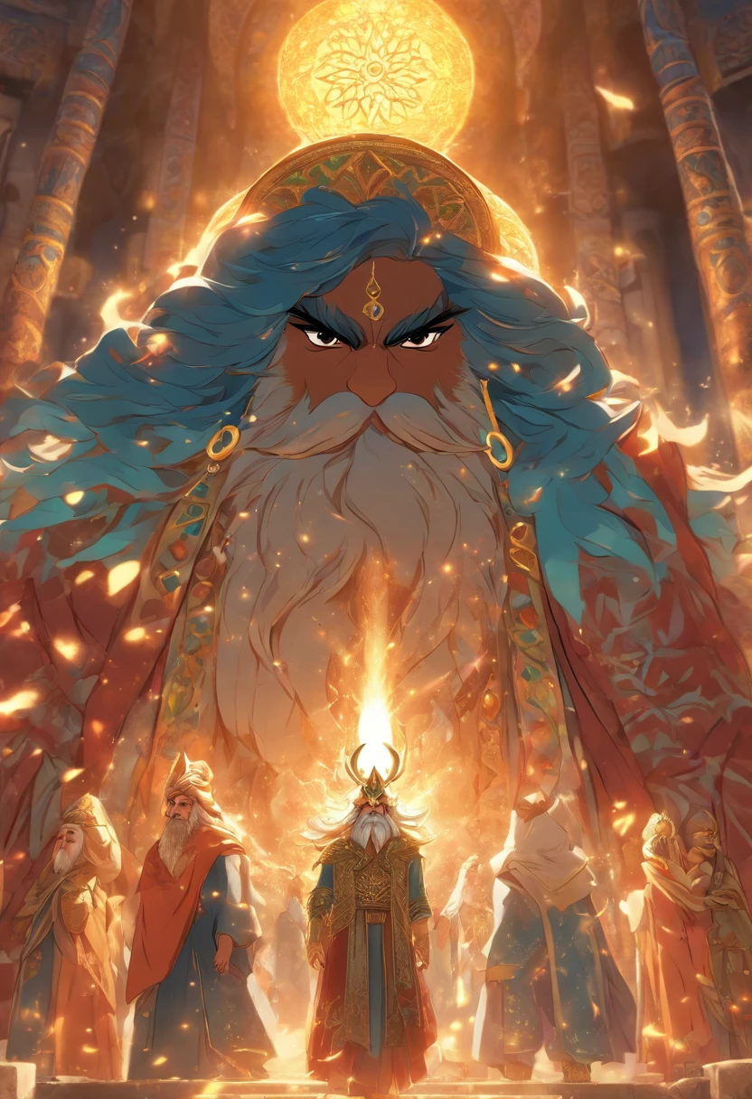 (((Persian God))) best quality, ultra-high resolution, 4K detailed CG, master piece,AHURA MAZDA,Man,beard,Persian clothes,stone adornments,Persian man,Persian city,solar lighting,((look that blinds)), Persian Mythology, Persia, Iran, Middle East, aesthetics, Beautiful image, depth of field, Centralized image