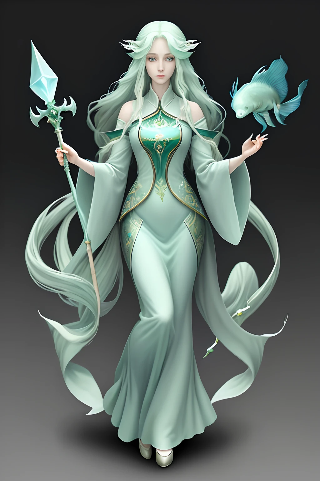 (Full Body) Pisces:  The Fish, Zodiac Sign: A pale, ethereal woman with long, flowing green hair and deep blue eyes. She has a dreamy expression on her face and a gentle aura about her. She often wears flowing green robes and carries a staff topped with a fish.(Full Body)