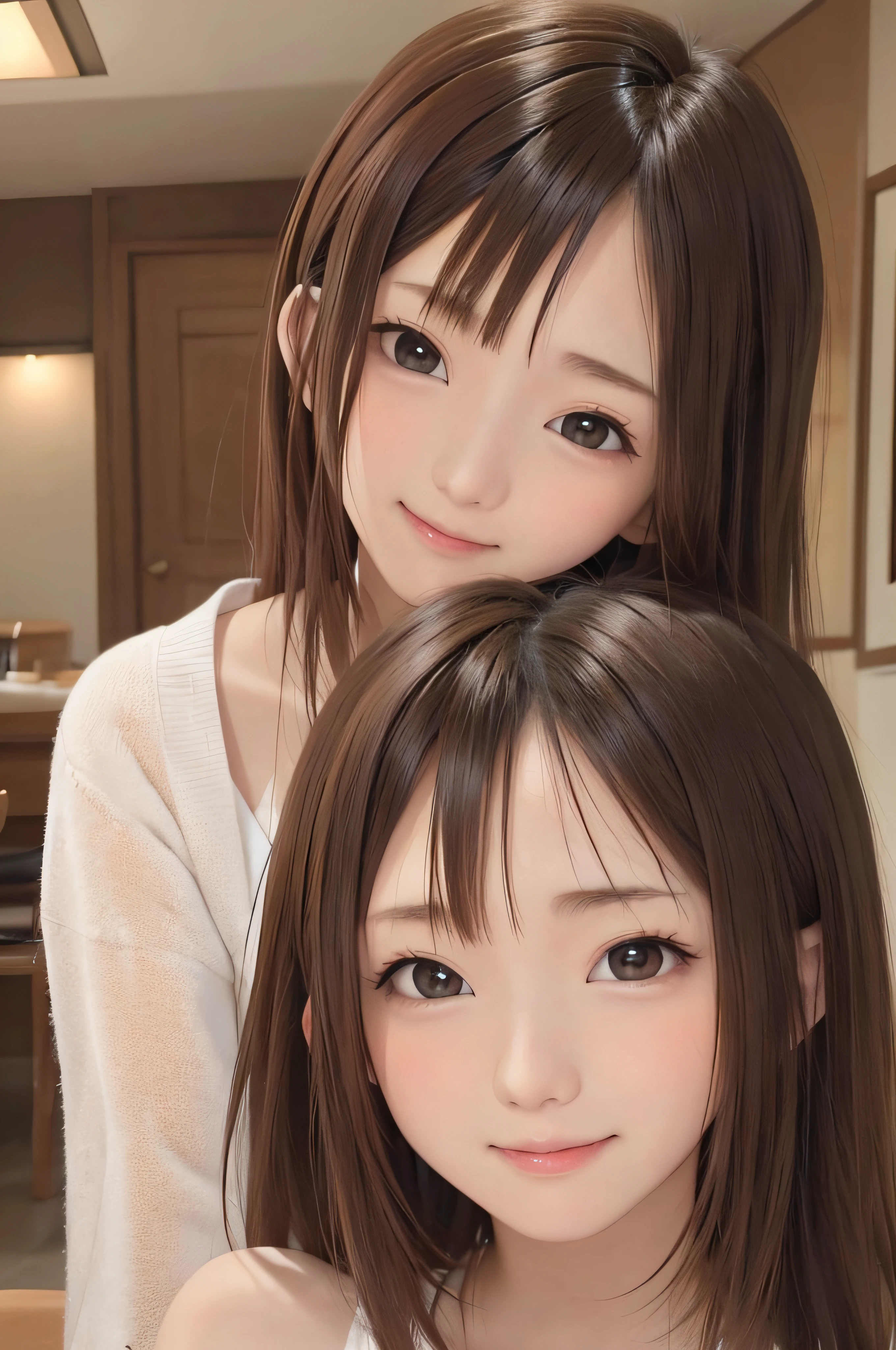 、brown haired、beautidful eyes、real looking skin、small tits、(8K、​masterpiece)、(reallistic、Photorealsitic)、top-quality、ighly detailed、The ultra-detailliert、Beautie、cute little、japanes、idol、a smile、Close-up portrait、Healthy face、Realistic pupils