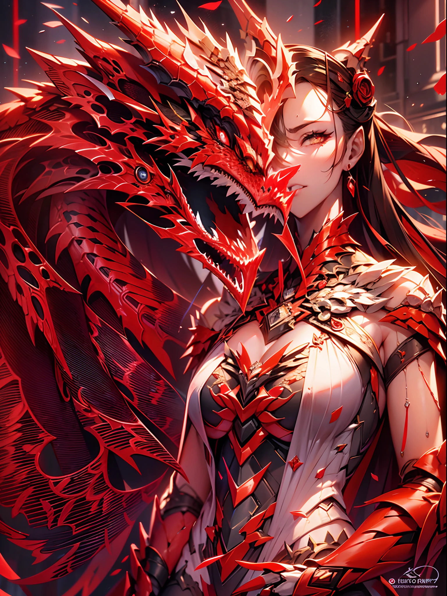 Generate a super high-definition image of an exceptionally beautiful woman, perfectly proportioned, with a flawless face, elegant hands, and a graceful posture. She should be dressed in stunning red dragon armor that accentuates her regal presence. Place a magnificent, detailed red dragon in the background, ensuring it adds to the overall cool and captivating atmosphere of the image
