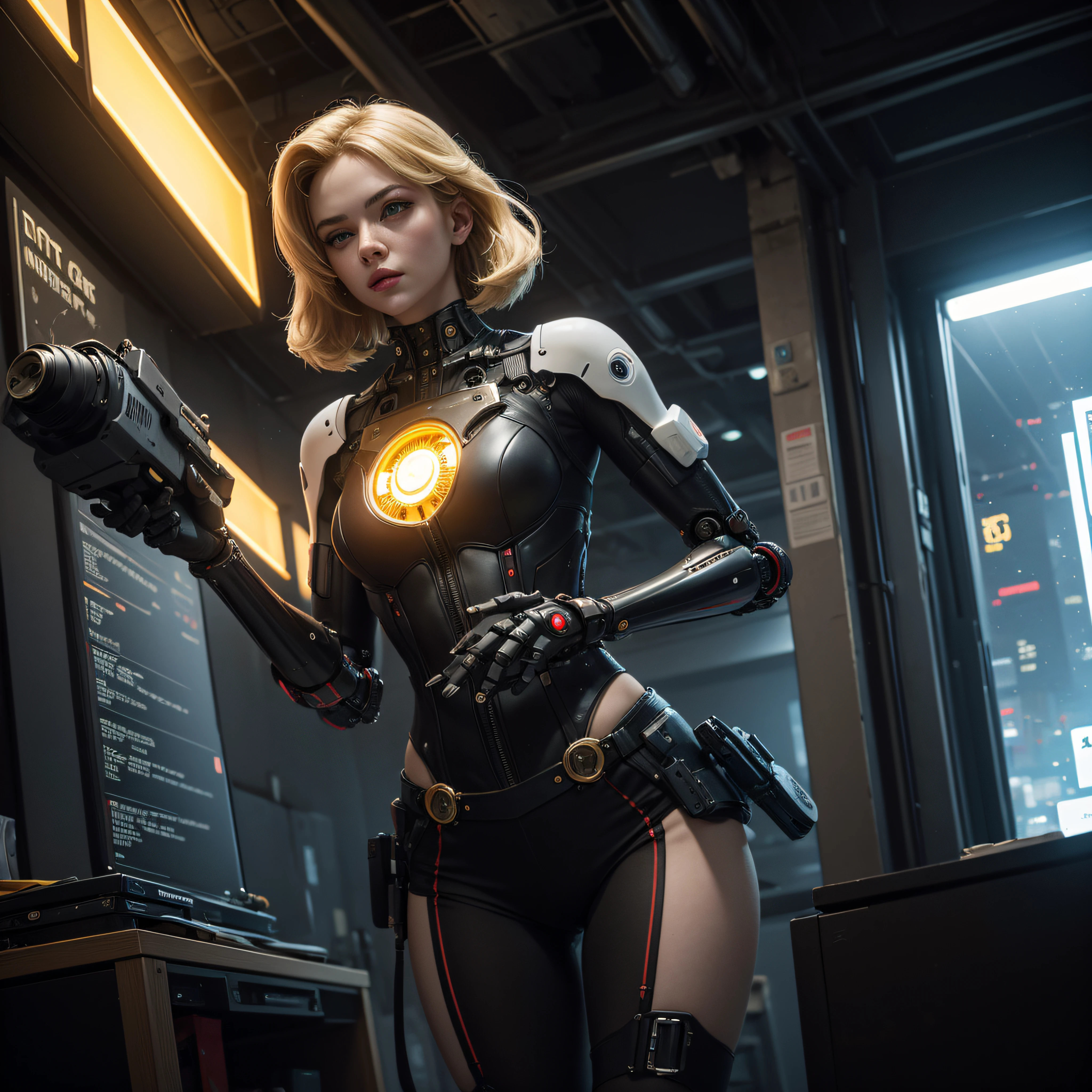 ((calidad superior)), ((obra maestra)), ((realista)), (Los detalles), (fotorrealista:1.5), Science-Fiction, HDR, Trazado de rayos, NVIDIA RTX, Los ultra-Highres, Irreal 5, Sub-Surface Scatterring, PBR texturizado, Post-procesamiento, Anisotropic filtering, Profundidad de campos, maximum sharpness and sharpness, Regla de los tercios、8K RAW、(Luminescent Particles:1.4)、(super-detailed CG、Unidad 8k Fondos de pantalla、lighting like a movie、destello de lente、foco nítido. Blonde girl with yellow corset, Robotic Parts, Cannon fire, guerra urbana, Armas, pistola, Arte cyberpunk、arquitectura cyberpunk