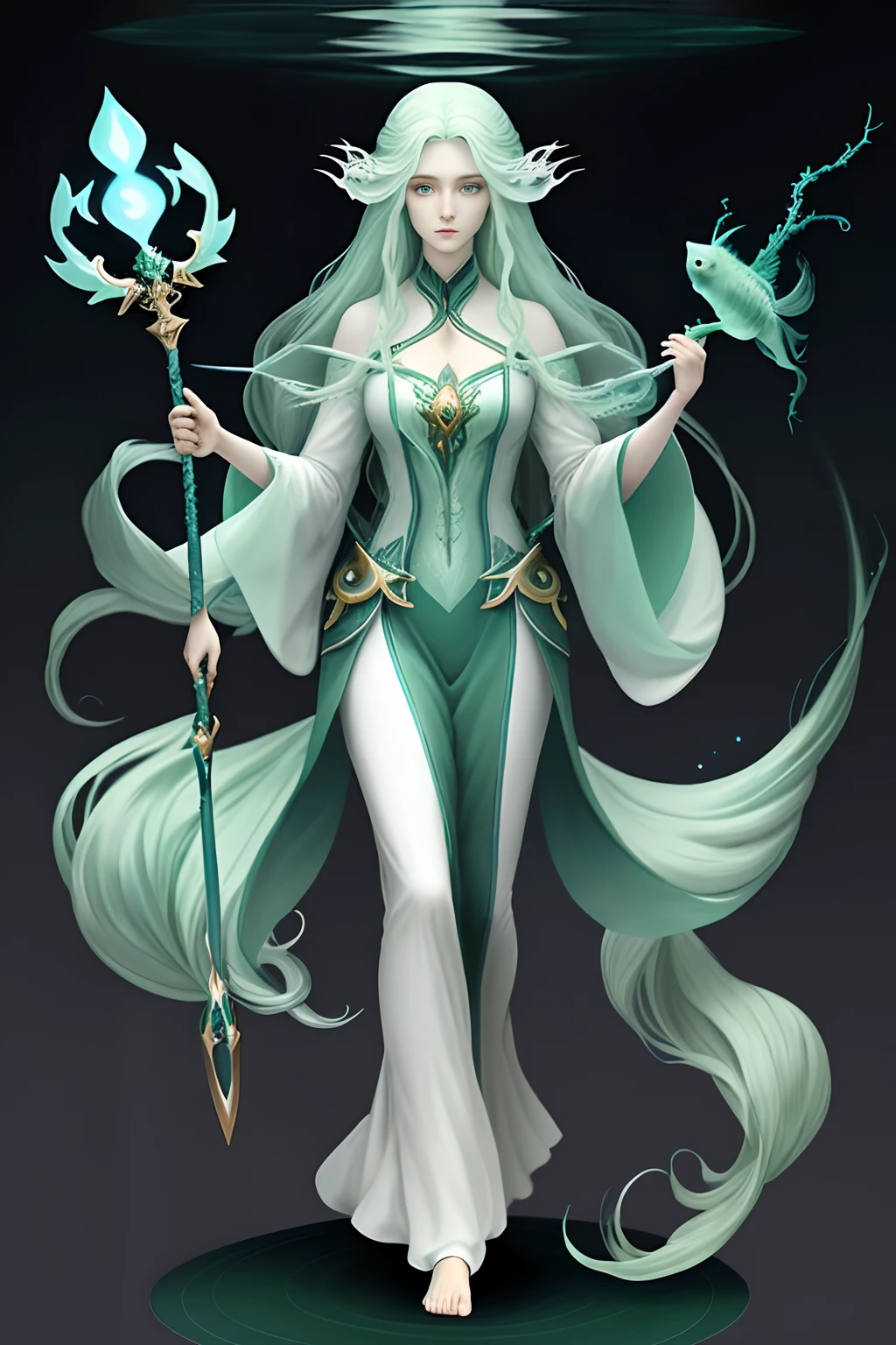 (Full Body) Pisces:  The Fish, Zodiac Sign: A pale, ethereal woman with long, flowing green hair and deep blue eyes. She has a dreamy expression on her face and a gentle aura about her. She often wears flowing green robes and carries a staff topped with a fish.(Full Body)