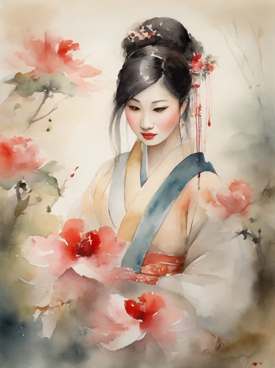 Watercolor painting of a Very Beautiful Japanese girl : : Trending on Artstation: : Simple composition creates a sense of order and harmony. The painting reflects the spiritual qualities of the natural world. --up light --ar 9:16