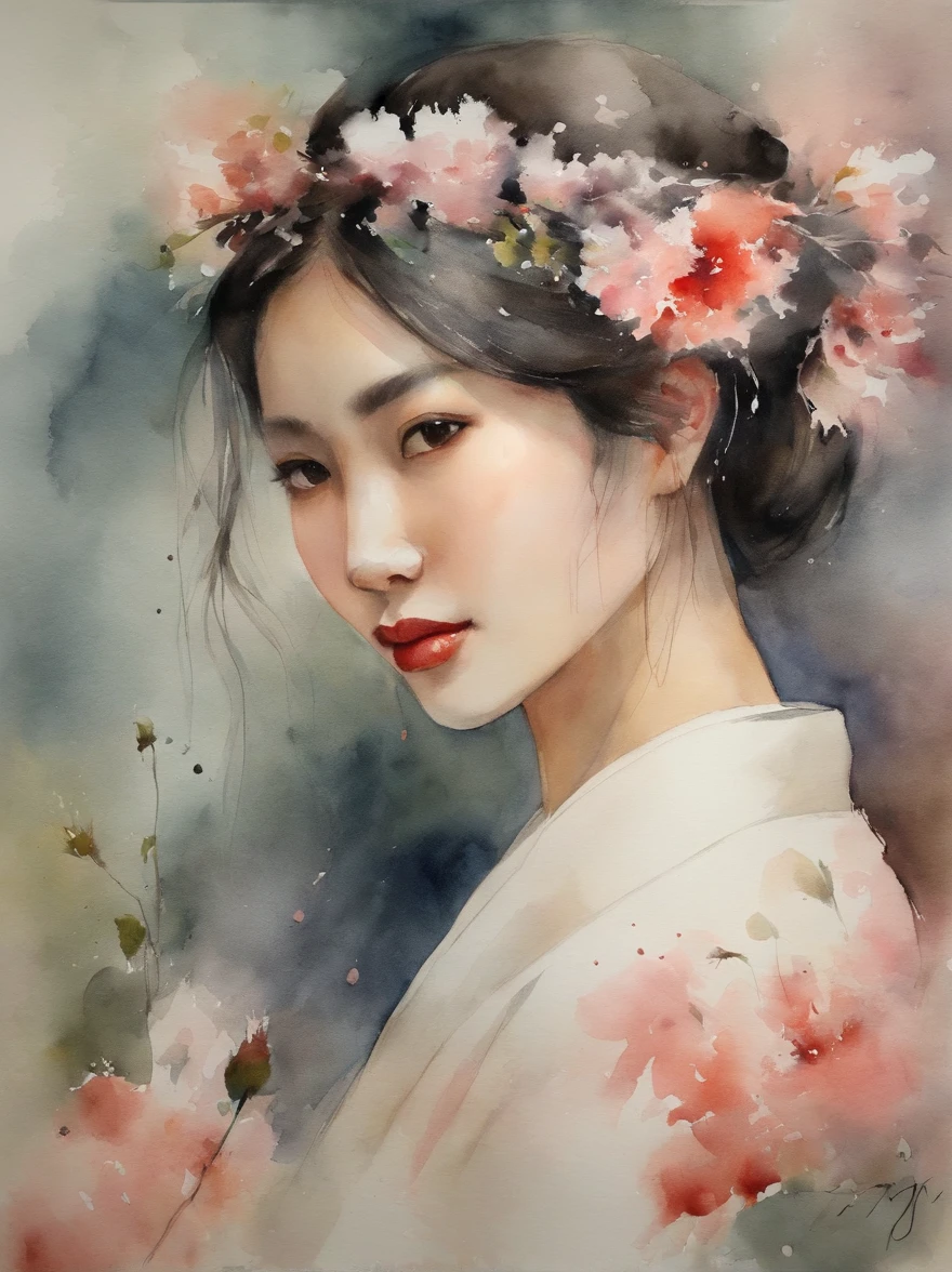 Watercolor painting of a Very Beautiful Japanese girl : : Trending on Artstation: : Simple composition creates a sense of order and harmony. The painting reflects the spiritual qualities of the natural world. --up light --ar 9:16