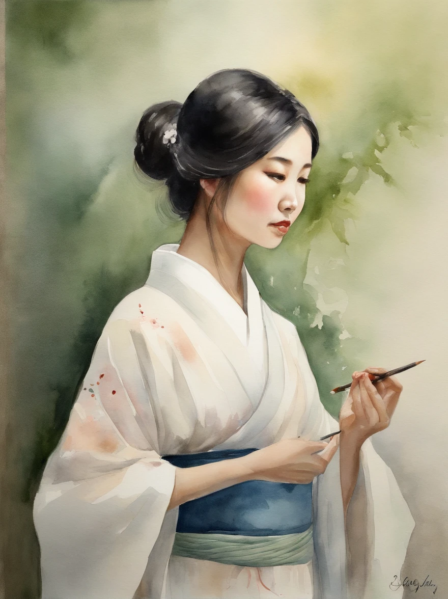 Watercolor painting of a Very Beautiful Japanese girl : : Trending on Artstation: : Simple composition creates a sense of order and harmony. The painting reflects the spiritual qualities of the natural world. --up light --ar 9:16