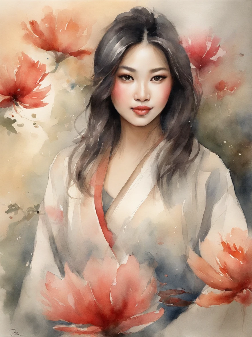 Watercolor painting of a Very Beautiful Japanese girl : : Trending on Artstation: : Simple composition creates a sense of order and harmony. The painting reflects the spiritual qualities of the natural world. --up light --ar 9:16