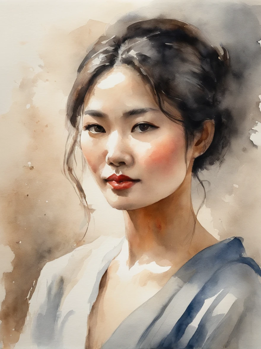 Japanese watercolor painting, 1girl, look at viewer, detailed face, sitting with holding knees on floor, spread legs, symmetrical, naked, pubic, gentle smile