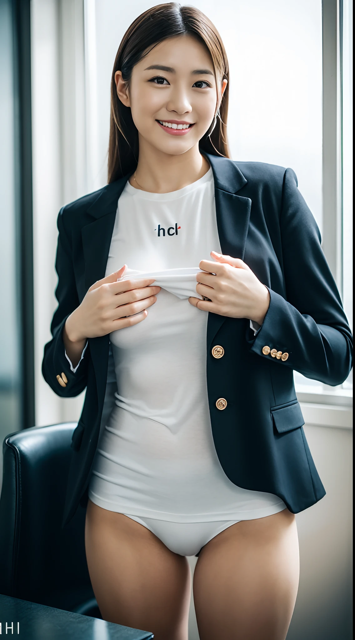 masutepiece, Best Quality, 超A high resolution,(photographrealistic:1.4) (depth of fields),(Lens Glow) , Nipples under white t-shirt under jacket:1.5、Inside the office:1.5、a Pretty Japanese woman:1.5、officeworker、Sexy buttocks:1.5、smil、(Put your hand on your crotch :1.5)、JINS:1.3