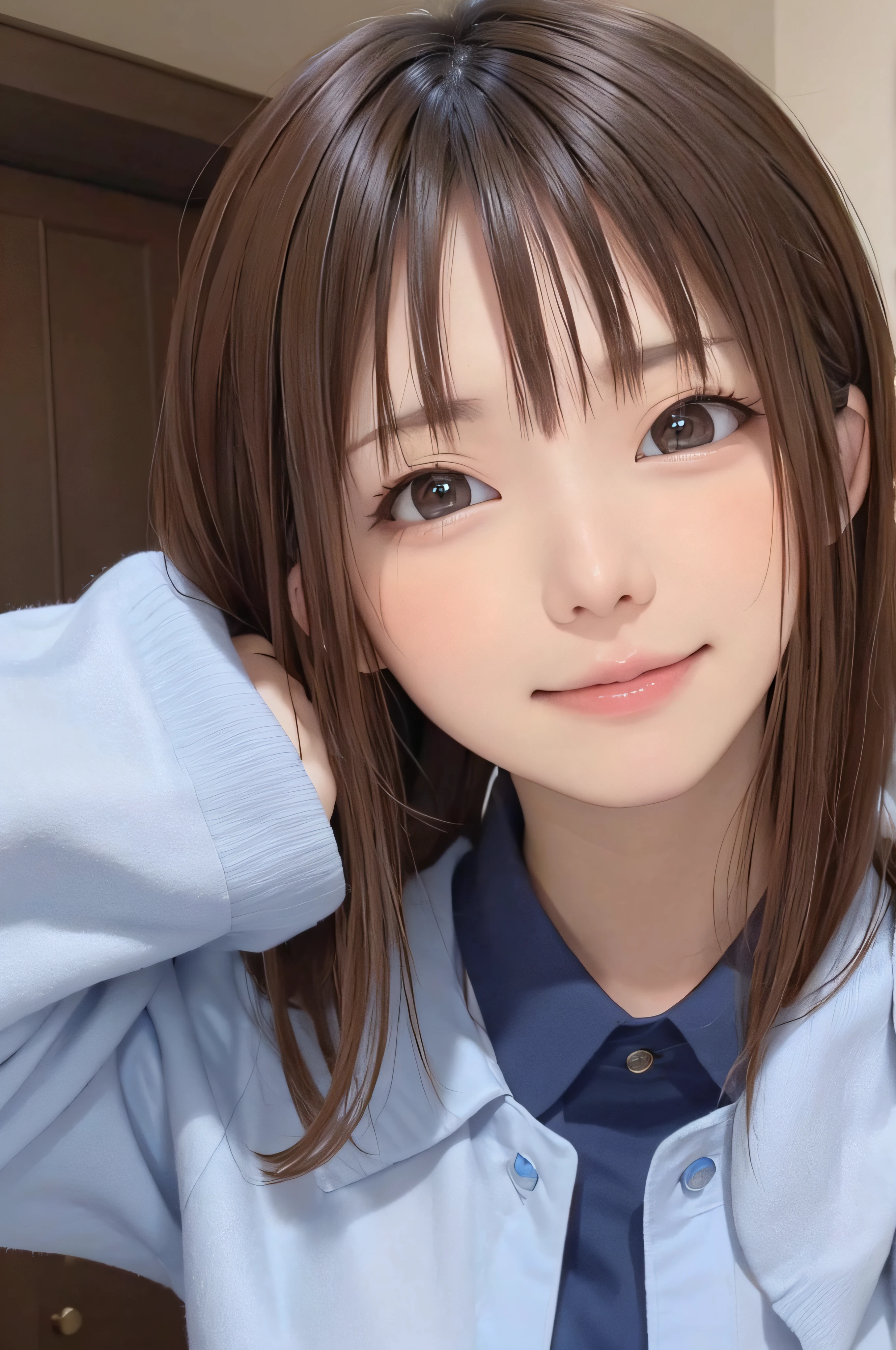 23years old、brown haired、beautidful eyes、real looking skin、small tits、(8K、​masterpiece)、(reallistic、Photorealsitic)、top-quality、ighly detailed、The ultra-detailliert、Beautie、cute little、japanes、idol、a smile、Close-up portrait、Healthy face、Realistic pupils