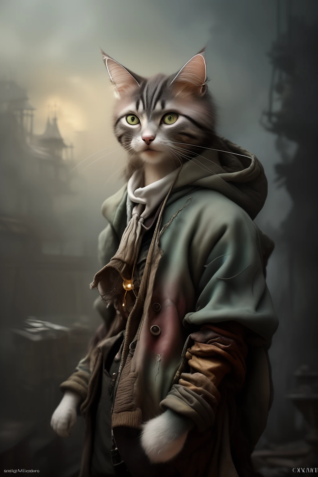 character portrait male cat, walt disney studio, wearing teenager’s oversize fashion wheat, standing in a photostudio side profile, creator, artist, expressive, caricature, chibi, kawaii, 3d rendering, octane rendering, volumetric light, victorian fashion, metallic, highly-detailed symmetric face, detailed eyes, ultra sharp, highest quality, art by Anja Millen and George Cruikshank and Bordalo II, smooth, sharp focus, trending on artforum, behance hd, kids story book style, muted colors, watercolor styler