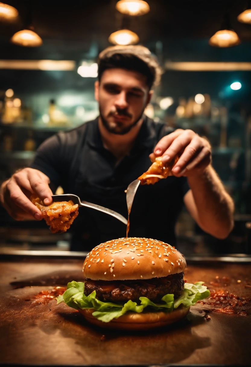 Photo of Handmade Burger Smash Portrait, master part, detalhes intrincados, Cinematic lighting, foco nítido, HDR