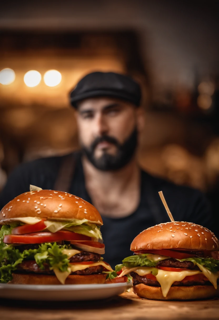 Photo of Handmade Burger Smash Portrait, master part, detalhes intrincados, Cinematic lighting, foco nítido, HDR