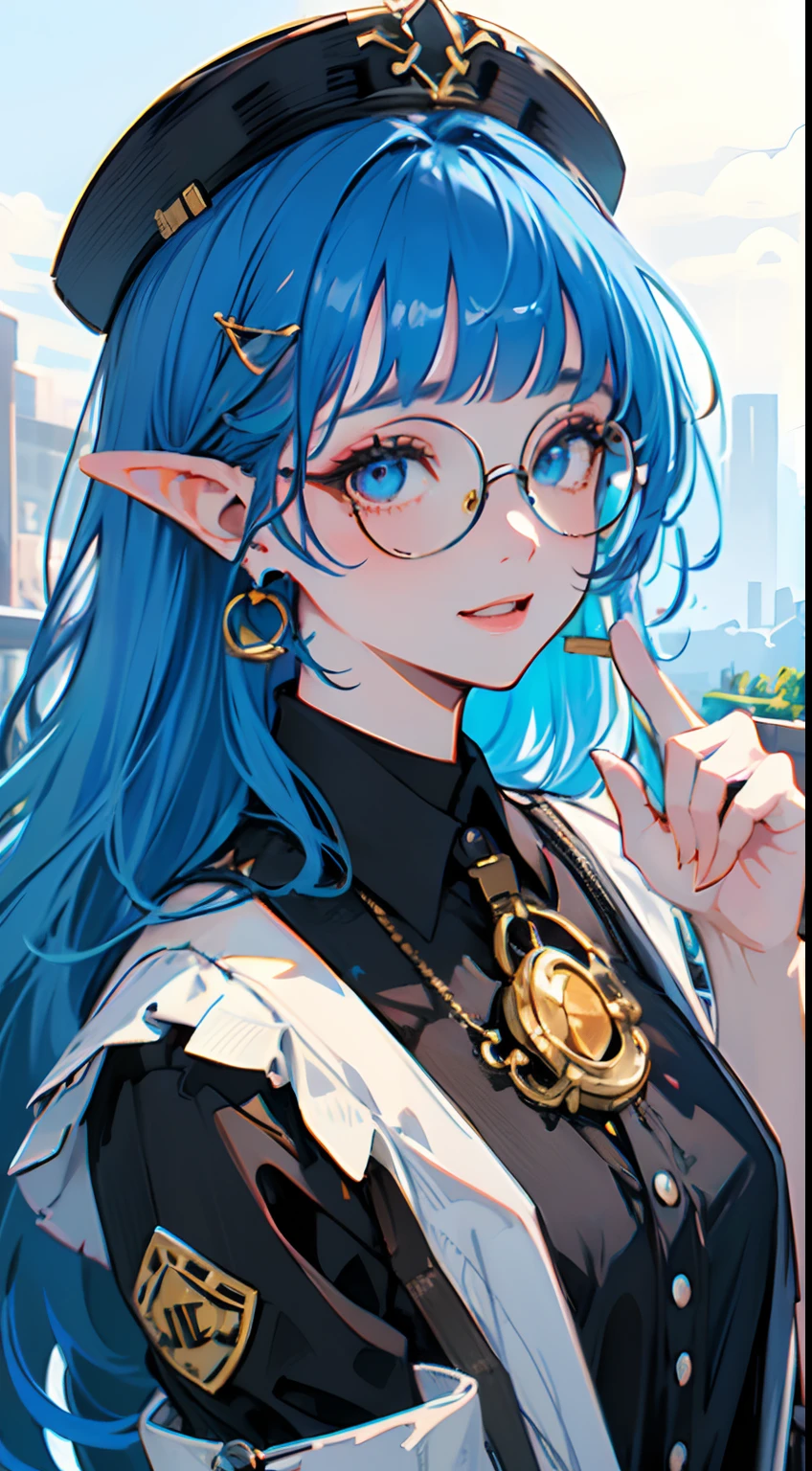 (masterpiece), best quality, a cute elf standing in a garden, she is wearing a black shirt, she is wearing a red beret, black shirt with collar, she is wearing a red skirt, (red skirt), simple earings, cute girl, (smilling, happy, laughing), cute eyes, simple shirt, buccolic, wind, shinny eyes, perfect hand, feminine, BREAK (1girl, solo,alone), photorealistic, perfect shading, relistic, detailed, realistic hair, (perfect face, expressive eyes),(close up),detailed background, backlight, cosy, cool colors, fun expression, happy vibe, relaxed atmosphere, flowers, nature, blue flowers, leafs, intricate, gorgeous clouds, beautiful sky, grass, depth BREAK her hair is light blue, (blunt bangs), long hair expressive eyes, perfect face, circle-glasses, light_blue_hair BREAK (red baret:1.5), ( full black shirt:1.3), (light_blue_hair:1.3), (blunt bangs:1.3) BREAK vivid colors, perfect lighting, professional image, 4k, cuteness, soft, good emotions, happyness,