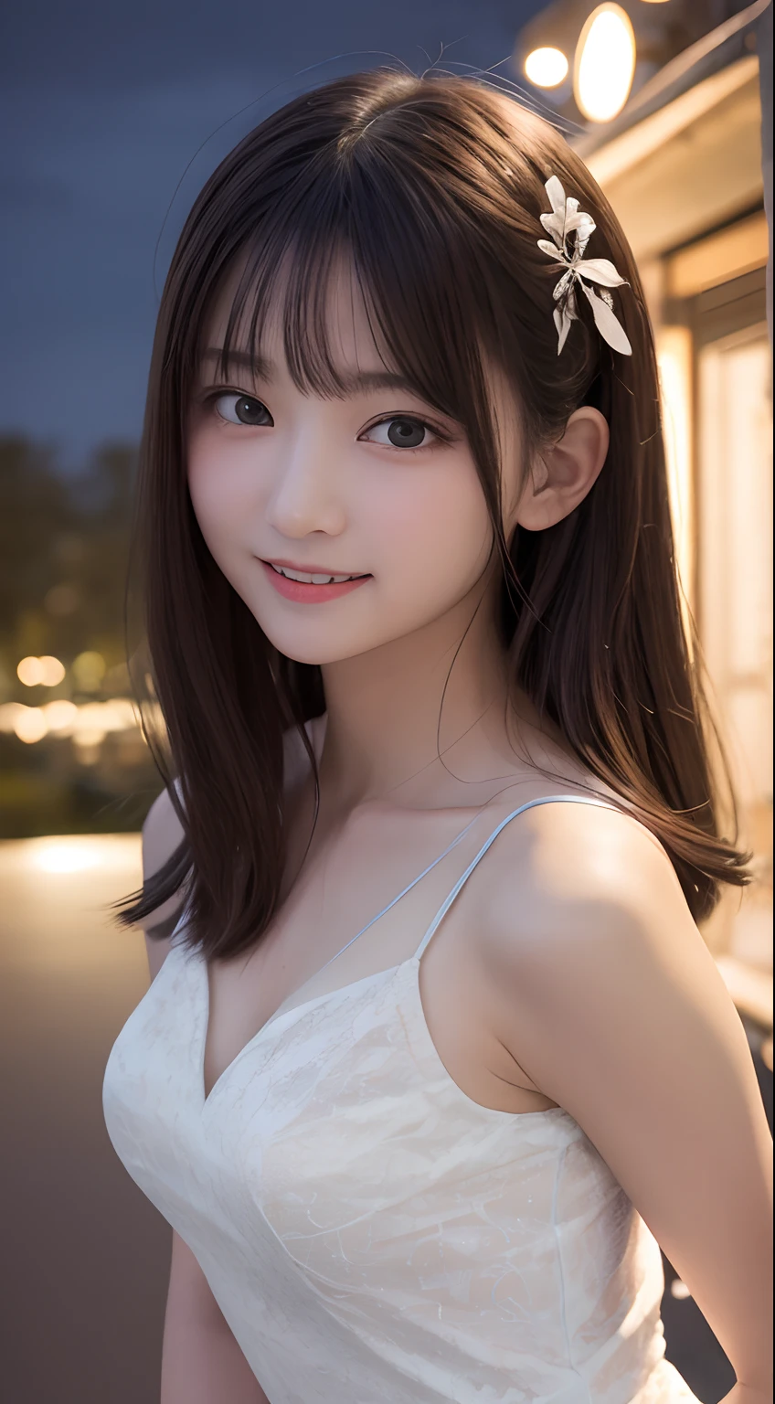 masutepiece, Best Quality, 8K, 10yaers old, Teen, Raw photo, absurderes, award winning portrait, Smile, Solo, (Night:1.8), Idol face, violaceaess, Delicate girl, Upper body, Digital SLR, Looking at Viewer, Candid, Sophisticated,Thin arms, Professional Lighting, Film grain, chromatic abberation, (Eyes and faces with detailed:1.0), (Bokeh:1.1) , (qipao dress:1.1) , closes mouth