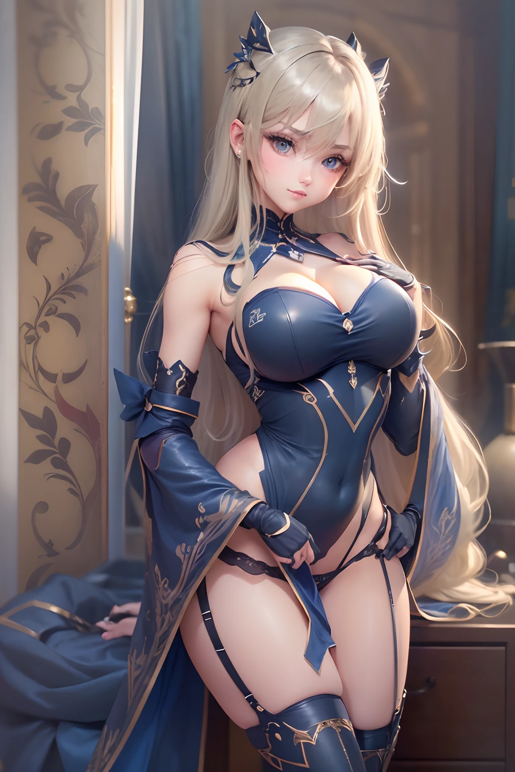 ((16ｋ,Raw photography,top-quality,hight resolution,Ray tracing,PBR Texture,Post-processing,)),(((Dark blue bondage , Cute Japan anime girl, Artorian Pendragon,long straight dark hair blonde,Big breasts that emphasize cleavage,bare hand,Thin leg,Precisely,Fingers depicted,Beautiful fine skin))),(finerly detailed face:1.4),(cute little:1.5),(Black stockings,Absolute Area)),pin heels,Leather luster 3.0,Beautiful skin,(Dark blue bodycon),((tthin eyebrows,long eyelashes,smil,二重まぶた,)),Above the hotel bed,No title required,Don't wear anything on your shoulders, Glittering gold dust and light effects, ,Beautiful legs with slender precise depiction,Staring from the front,(More precise depiction,)