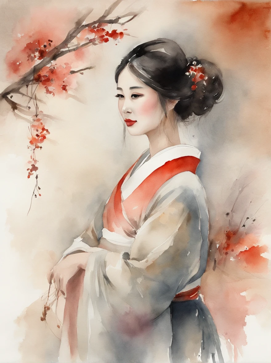 Watercolor painting of a Very Beautiful Japanese girl : : Trending on Artstation: : Simple composition creates a sense of order and harmony. The painting reflects the spiritual qualities of the natural world. --up light --ar 9:16