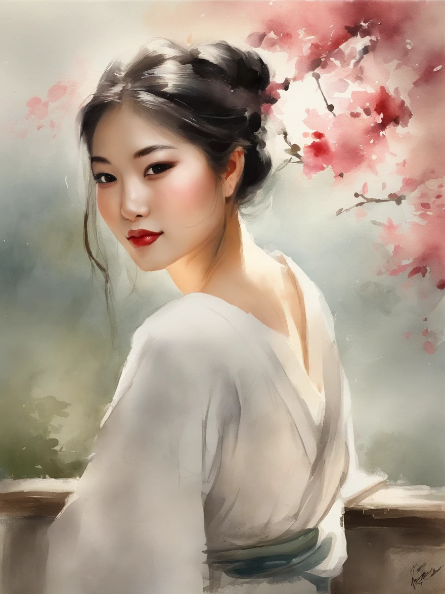 Watercolor painting of a Very Beautiful Japanese girl : : Trending on Artstation: : Simple composition creates a sense of order and harmony. The painting reflects the spiritual qualities of the natural world. --up light --ar 9:16