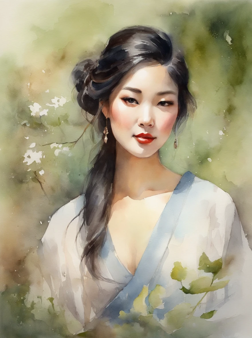 Watercolor painting of a Very Beautiful Japanese girl : : Trending on Artstation: : Simple composition creates a sense of order and harmony. The painting reflects the spiritual qualities of the natural world. --up light --ar 9:16