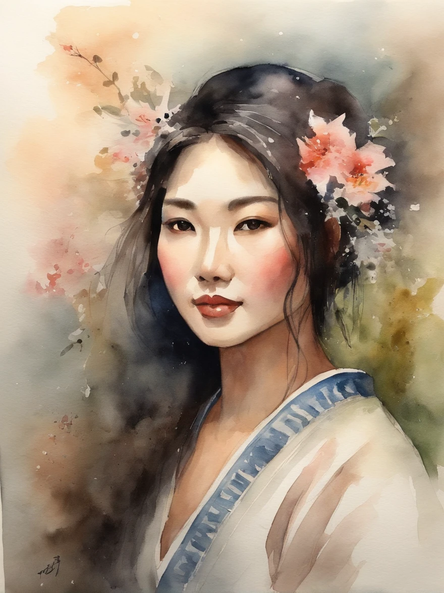 Watercolor painting of a Very Beautiful Japanese girl : : Trending on Artstation: : Simple composition creates a sense of order and harmony. The painting reflects the spiritual qualities of the natural world. --up light --ar 9:16