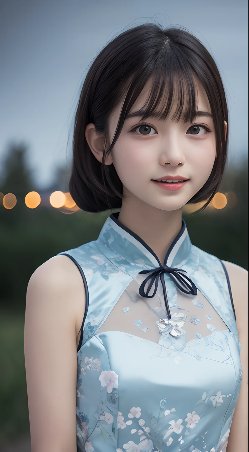 masutepiece, Best Quality, 8K, 10yaers old, Teen, Raw photo, absurderes, award winning portrait, Smile, Solo, (Night:1.8), Idol face, violaceaess, Delicate girl, Upper body, Digital SLR, Looking at Viewer, Candid, Sophisticated,Thin arms, Professional Lighting, Film grain, chromatic abberation, (Eyes and faces with detailed:1.0), (Bokeh:1.1) , (qipao dress:1.1) , closes mouth