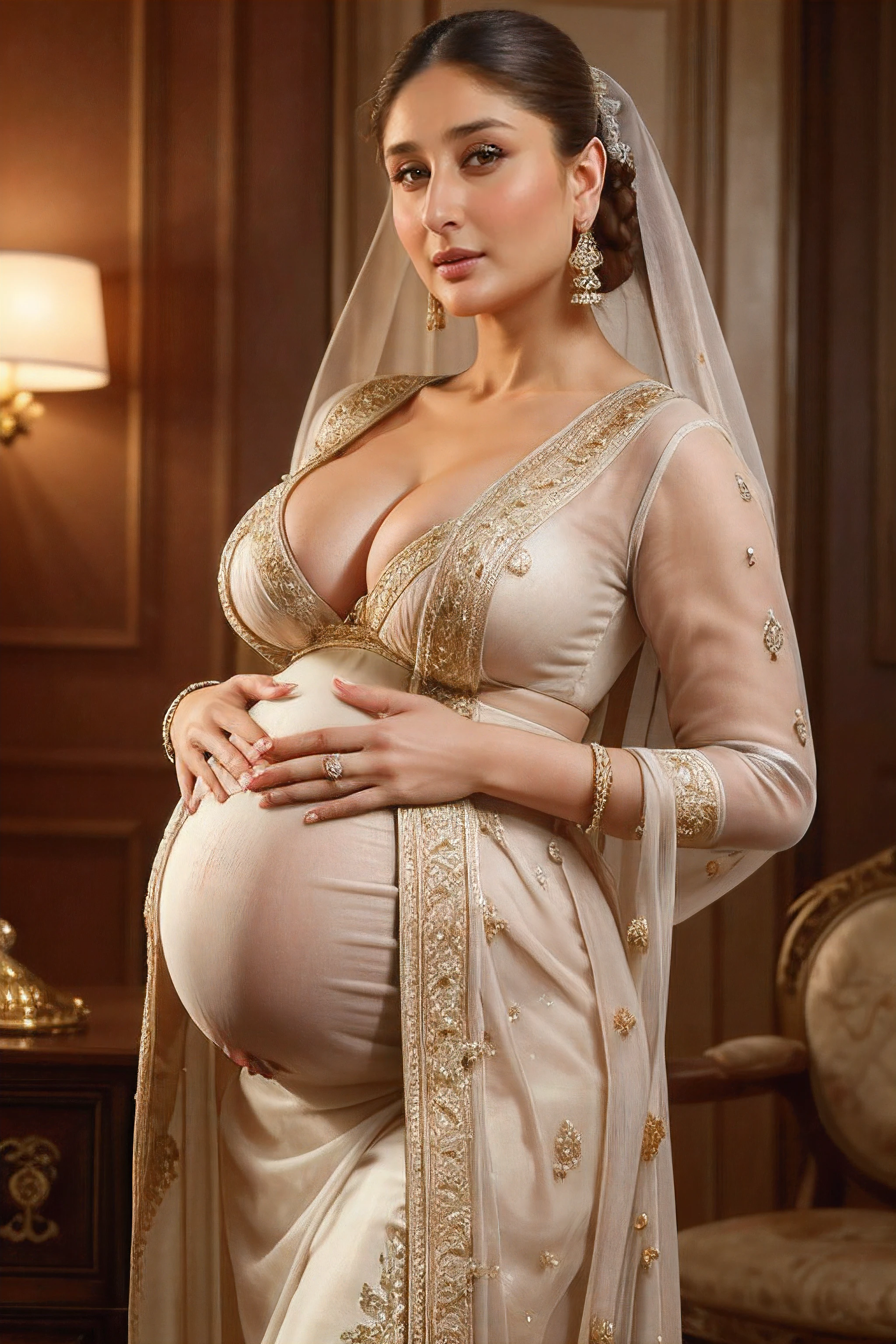 masterpiece, best quality, an extremely delicate and beautiful, world masterpiece theater, ultra-detailed, highly detailed, best quality, highres, extremely detailed, best quality, looking at viewer, realistic, realist ,real, kareena kapoor wearing transparent sarri with massive boobs and big fat ass, big asshole, big breasts, pregnant